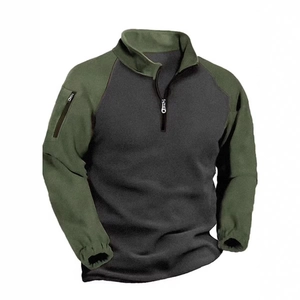 Men's tactical fleece pullover with standing collar and color-block design in green and grey