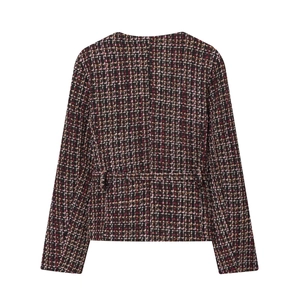 Back view of pink and black tweed jacket with elegant round neck and waist belt detail
