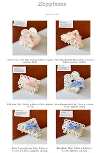 Detailed comparison of six floral hair claws with ribbons in pink and blue tones
