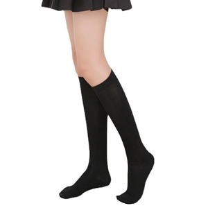 Side view of black cotton knee-high socks with triple stripes for a sleek JK school style