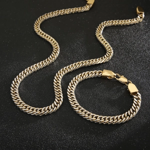 Golden stainless steel Cuban link necklace and bracelet set on black background