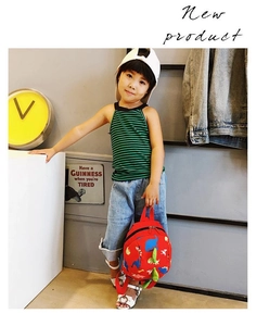 Toddler backpack featuring a cute dinosaur print with adjustable red shoulder straps