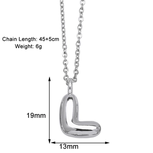 Detailed size specifications of silver letter L pendant with 45+5cm chain length and 6g weight