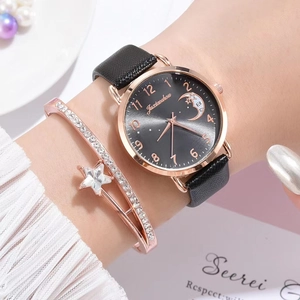 Women's quartz watch and star crystal bangle set with moon dial and black leather strap