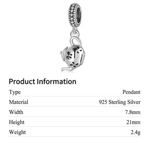 Creative S925 sterling silver teapot charm with hollow butterfly and floral pattern