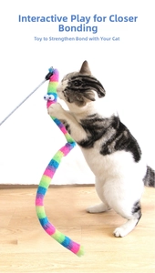 Rainbow plush cat wand attachment with cartoon eyes for interactive indoor feline play