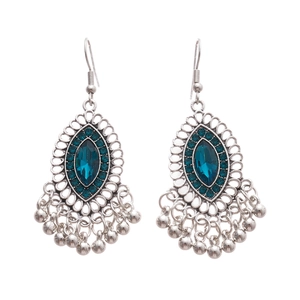 Vintage silver hollow earrings with deep blue rhinestones and fringe tassels