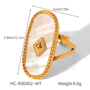 Detail view of 18K gold stainless steel ring with white shell inlay and 2.84cm size details