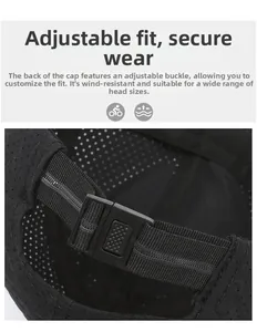 Detail of adjustable buckle on black mesh baseball cap for secure and breathable fit