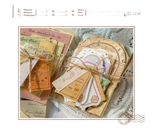 Close-up of vintage aesthetic ephemera stickers on white lace for DIY scrapbooking