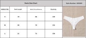 Detailed size chart for high elasticity seamless thong including waist measurements