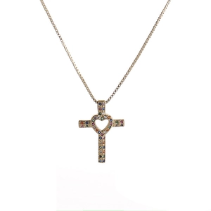 Cross Pendant Necklace Gold Plated Copper Micro Pave Cubic Zirconia Heart Cutout Box Chain Trendy Jewelry For Women