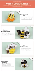 Detail view of cartoon bee and honey enamel pins with exquisite gold plating and smooth texture
