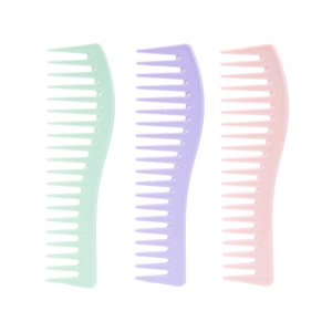 Three wide-tooth combs in pastel green, purple, and pink for curly hair styling