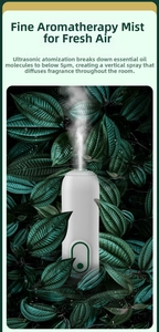 Ultrasonic aroma diffuser spraying fine mist among lush green tropical leaves