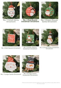 Detail showing eight Christmas wooden tags with Santa and snowman on holiday trees