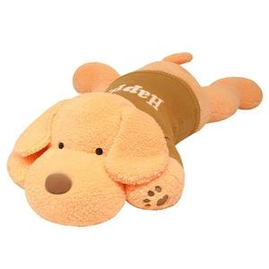 Large lying plush golden retriever dog wearing a brown Happy sweater soft pillow doll