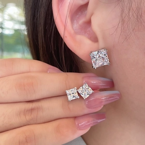 Square cut zircon stud earrings in S925 sterling silver with multiple size comparisons