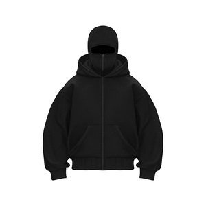 Schwarzer Y2K Zip-Hoodie mit integrierter Sturmhaube und Kängurutasche