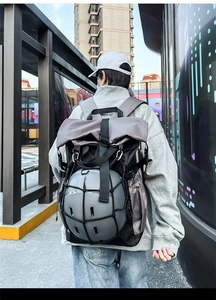 Detail of outdoor multi-functional backpack with external helmet mesh and ergonomic straps