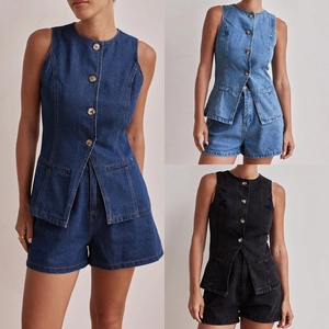 Gilet E Pantaloncini Di Jeans Da Donna Senza Maniche Monopetto Vita Sfiancata Top Vita Alta Vintage Streetwear
