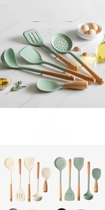 Close-up of food-grade silicone kitchen tools with ergonomic wood handles in mint green