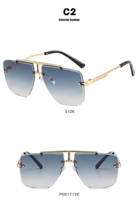 Frameless polygonal sunglasses with gold double bridge and blue-grey gradient lenses