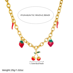 Gold chain necklace with strawberry, chili and cherry enamel charms 41cm length