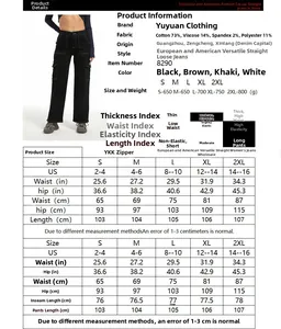 Detailed size chart for high-waisted cargo jeans with measurements in inches and cm