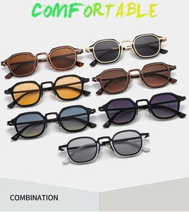 Flat lay of vintage square sunglasses with tortoise, black, and transparent frames