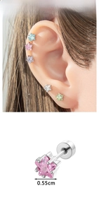 Detailed view of 0.55cm star ear stud featuring colorful zircon stones and dimensions