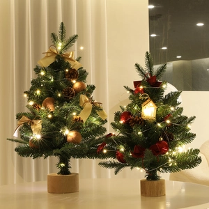 Mini Christmas Tree Artificial Flocked PVC PE Desktop Decoration With LED Lights Wooden Base Pine Cones Bows For Home Office