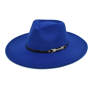 Blue wool fedora hat with a black leather band and gold metal buckle detail