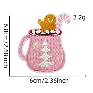 Pink Christmas mug embroidery patch detail with measurements 6.8x6cm and weight 2.2g