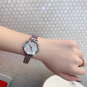 Close-up of luxury silver women's watch with diamond-encrusted dial on model wrist