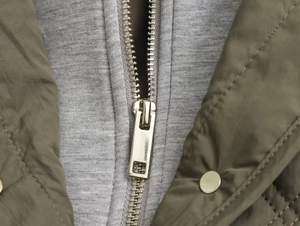 Detailed close-up of premium metal zipper and snap button on army green jacket