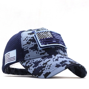 Tactical baseball cap featuring blue digital camouflage pattern and US flag patch