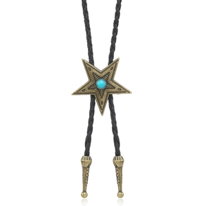 Close-up of vintage bronze star bolo tie slider with turquoise stone and braided leather rope