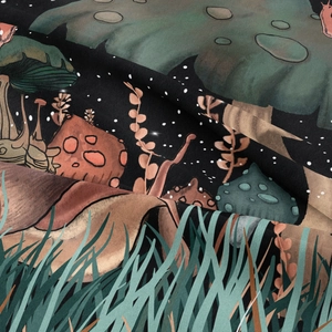 Close-up of mushroom and botanical print on high-quality polyester tapestry fabric