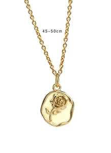 Macro shot of 45-50cm gold rose flower pendant necklace showing detailed embossed texture