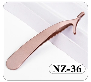 Close-up of rose gold stainless steel eyelash tweezers with a matte finish on white stand