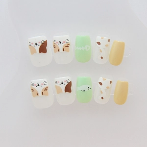 Cute cat and fish bone pattern press-on nails for kids in mint green and white