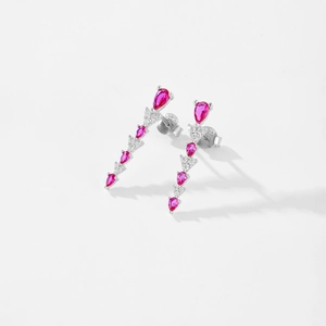 Orecchini pendenti in argento S925 con gemme a goccia rosso rosa e zirconi bianchi