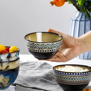 Ceramic Japanese style rice bowls with geometric floral patterns and underglaze colors