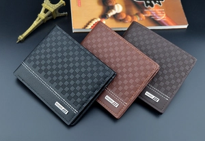 Detailed view of men's checkered wallets in black, brown, and coffee leather colors