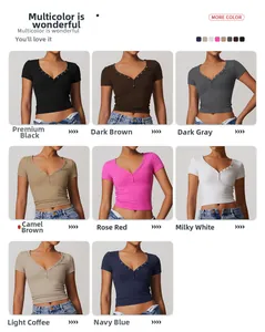 Collage of slim fit V-neck workout t-shirts in eight different matte colors