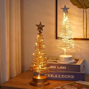 Christmas Tree LED Table Lamp Metal Iron Spiral Nightlight Star Top Holiday Home Decor Atmosphere Battery Powered