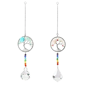 Chakra Tree of Life crystal suncatchers with colorful beads and clear prisms