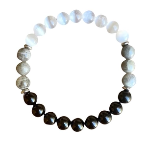 Macro detail of 8mm natural stone beaded bracelet with white, grey and black beads