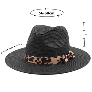 Detail of black straw fedora showing 7cm brim, 12cm height, and leopard print ribbon